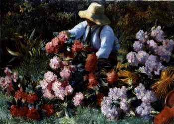 Rhododendron. En trädgårdsmästare tar hand om sina blommor i en trädgård. Målning av Willem Roelofs (1822-1897 Nederländska) Privat samling