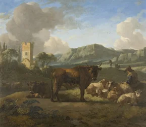 Boskap och herdar i ett kuperat landskap, ca 1650-70 (olja på panel)