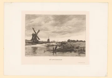 Landskap med väderkvarnar längs en kanal Nära Amsterdam (titel på objekt)