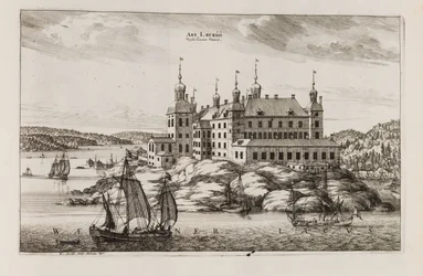 Läckö slott från Vänernsidan. Ur "Suecia antiqua et hodierna"
