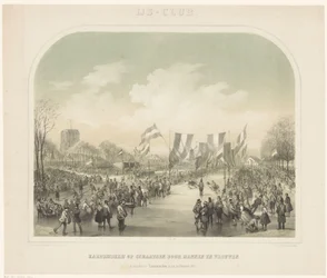 Skridskotävling Isklubb/skridskolopp som hölls av män och kvinnor i Leeuwarden den 22 februari 1855 (titel på objekt)