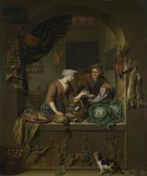 En kvinna och en fiskhandlare i ett kök, 1713