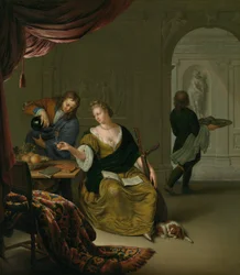 Den försummade lutan En dam med en luta som tar vin i en rik interiör, 1705.