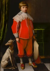 Porträtt av en åttaårig pojke med en whippet på ett rutmönstrat golv