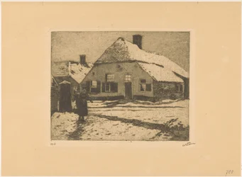 Snöiga hus på en väg i Ede