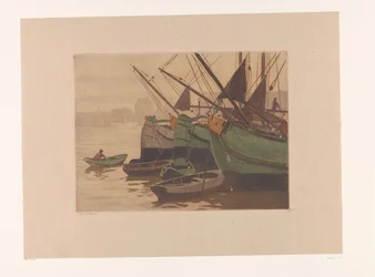 Tre torvpråmar med roddbåtar i IJ Schuiten in 