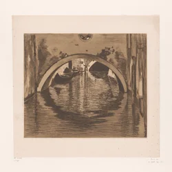 Utsikt under en bro med två roddbåtar Under bron, Venedig (originaltitel)