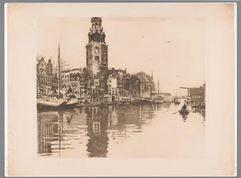 Utsikt över Montelbaanstoren i Amsterdam Oude Schans med Montelbaanstoren och roddbåt (originaltitel)