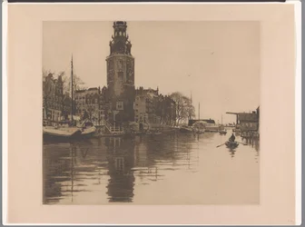 Utsikt över Montelbaanstoren i Amsterdam Gamla Schans med Montelbaanstoren och roddbåt (originaltitel)
