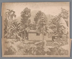 Hus med vulkanen Salak(?) i bakgrunden, Buitenzorg