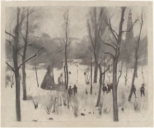 Barn mellan träd i snön