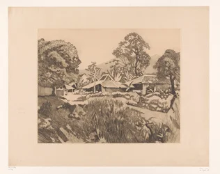 Hem i Bogor före vulkanerna Salak och Gede Hus i kampong med vulkanerna Salak och Gedeh i bakgrunden, Buitenzorg (originaltitel)