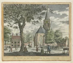 Kyrka och tingshus i Hilversum 1762 (före branden 1766) Kyrkan och Regthuis i Hilversum (titel på objekt)