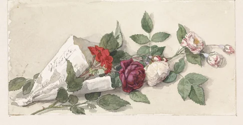 Bukett av rosor och pelargonium