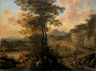 Italienskt flodlandskap med stenbro, 1650
