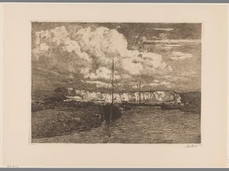 Dynlandskap med sandgrävning och båtar Sandgrävning (originaltitel)