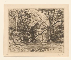 Ruin i en skog Ruin med uppryckt träd (Lage Vuursche) (originaltitel)