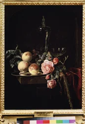 ""Stilleben av rosor och persikor"" (Rosor och persikor) Målning av Willem van Aelst (1625-cirka 1683) 1659 Pushkin Museum, Moskva