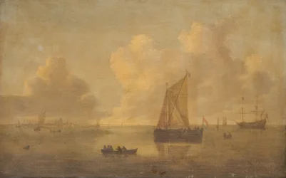 Havslandskap med en stad i bakgrunden