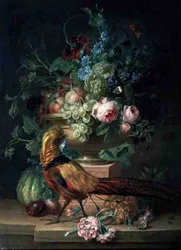 Stilleben med blommor och en fasan (olja på duk)