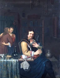 Interiör med en Cavalier Drinking and a Couple Embracing, c.1690-1700 (olja på ekpanel)