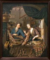 Lökförsäljare. Målning av Willem van Mieris (1662-1747), olja på trä