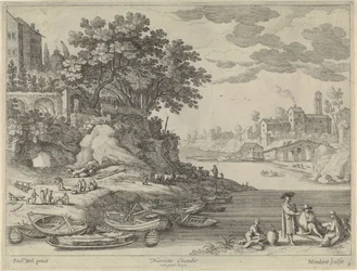 Hamn med roddbåtar, figurer och boskap