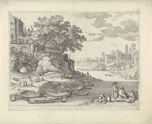 Hamn med roddbåtar, figurer och boskap