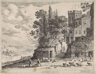 Landskap med hus, figurer och boskap