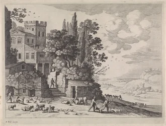 Landskap med hus, figurer och boskap