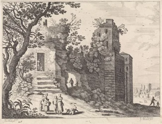Ruin med en grupp kvinnor och barn Italienska landskap (serietitel)