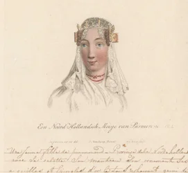 Huvudbonad av en flicka från Purmerend, 1816 A North Holland Girl from Purmerend / Une Jeune fille de purmerend - Province dela Nord-hollande avec sa calotte son manteau son ornament ses aiguilles et epingles d