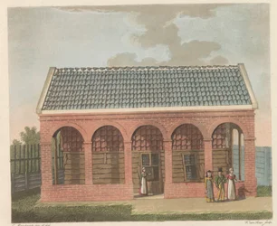 Tsar Peters hus i Zaandam, 1824 Tsaren Peter den Grootens hus år 1697 bebodd i Zaandam / La Chaumière Habitée par Czar Pierre le Grand à Zaandan en 1697 (titel på objektet)