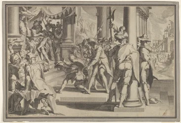 Allegory of Justice Sanctity of the Law med en domstolsscen som skildrar en man som benådas..., 1605.