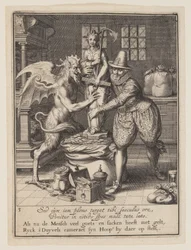 En man och djävulen fyller en säck med pengar och sätter upp en staty av hopp, från Allegory of the Misuse of Worldly Property