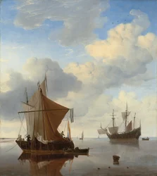 Ett lugn - ett smalschip och en kaag för ankar med ett engelskt man-o"-krig bortom
