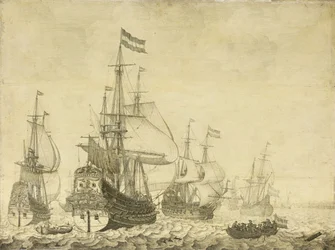 Havslandskap med holländska krigsmän inklusive Drenthe och prins Frederick-Henry, ca 1670 (målning på panel)