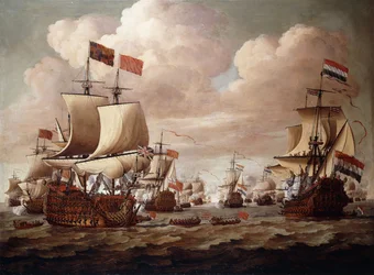 De engelska och holländska flottorna utbyter hälsningar till sjöss med "Prinsen" och "Gouden Leeuw" i förgrunden, 1684