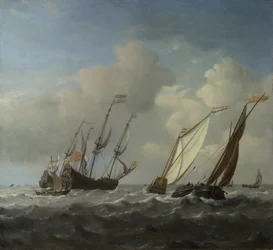 Ett holländskt skepp, en yacht och mindre fartyg i en bris, ca. 1660