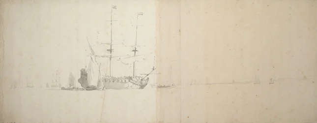 Ett holländskt fartyg ligger för ankar utanför land, ca 1666 (grafit)