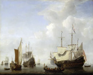 Ett holländskt fartyg som ankrar, troligen prins Frederik Hendrik av Oraniens (1584-1647). Olja på duk, ca 1658, av Willem van de Velde (1633-1707).