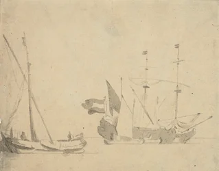 En boeier vid en pir och ett holländskt fartyg för ankar, ca 1665 (grå lav)