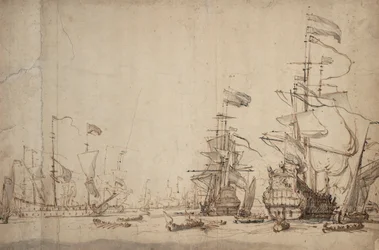 Ett krigsråd i den holländska flottan Maj 1665, ca 1674 (penna, brunt bläck, grå lav)