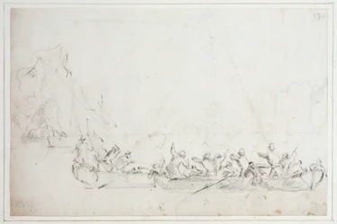 En strid i båtar mellan holländska eller engelska pirater och pirater från Barbaresk, ca 1675 (krita)