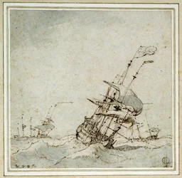 Ett flaggskepp (flaggbärare) som ökar farten för att undkomma stormen. Teckning av Willem van de Velde den yngre (1633-1707), utförd omkring 1700.