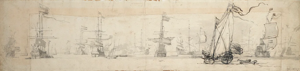 En statlig yacht under segel och fartyg vid ankar, ca 1665 (grafit, grå lav)
