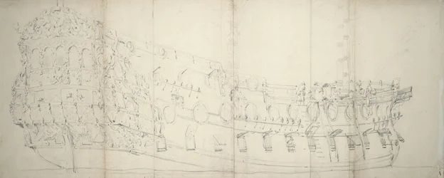 Porträtt av ett engelskt tredjerangsfartyg, ca 1680 (grafit, penna, bläck)