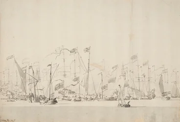 Flodspel på Y:et i Amsterdam till ära för prinsen av Oranien, 5/15 juni 1660, ca 1675 (penna, lavering)