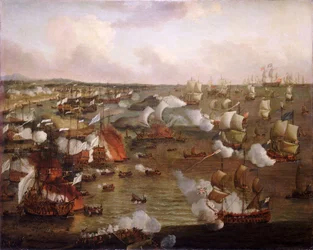 Bränningen av franska fartyg i slaget vid La Hogue, 23 maj 1692, slutet av 1600-talet (olja på duk)