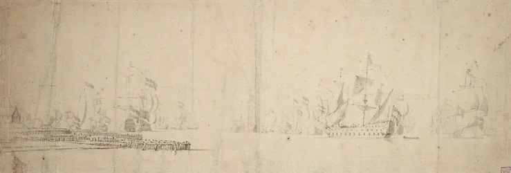En holländsk flotta på väg ut från en pir, ca 1665 (grafit, grå lav)